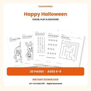 May include: A set of 20 Halloween-themed activity pages for children ages 6-9, featuring coloring sheets, a word hunt, pumpkin counting, and a maze. The digital download includes A4 and US Letter PDF formats with black and white line art.