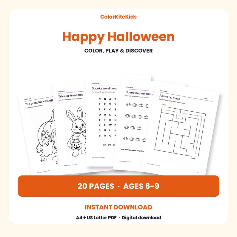 May include: A set of 20 Halloween-themed activity pages for children ages 6-9, featuring coloring sheets, a word hunt, pumpkin counting, and a maze. The digital download includes A4 and US Letter PDF formats with black and white line art.