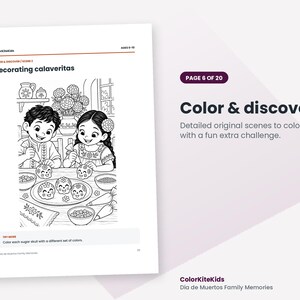 May include: A black and white coloring page titled Decorating calaveritas featuring two children decorating sugar skulls at a table. The page includes the text ColorKiteKids, Ages 6-10, Color & discover, Scene 3, and Try more: Color each sugar skull with a different set of colors.
