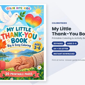 K&ouml;nnte beinhalten: Ein druckbares Mal- und Aktivit&auml;tsbuch mit dem Titel My Little Thank-You Book f&uuml;r Kinder von 3 bis 6 Jahren. Das Cover zeigt eine wei&szlig;e Taube, ein Regenbogenherz, ein Ahornblatt und eine Kinderhand, die eine &auml;ltere Hand h&auml;lt.