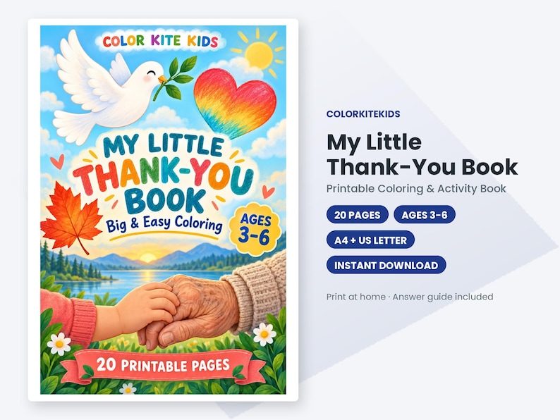 K&ouml;nnte beinhalten: Ein druckbares Mal- und Aktivit&auml;tsbuch mit dem Titel My Little Thank-You Book f&uuml;r Kinder von 3 bis 6 Jahren. Das Cover zeigt eine wei&szlig;e Taube, ein Regenbogenherz, ein Ahornblatt und eine Kinderhand, die eine &auml;ltere Hand h&auml;lt.