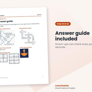May include: A white page titled Answer guide from ColorKiteKids featuring solutions for Diwali puzzles including a word hunt, crossword, connect the dots, pixel art of a diya lamp, and number grids. The text reads Page 18 of 20.