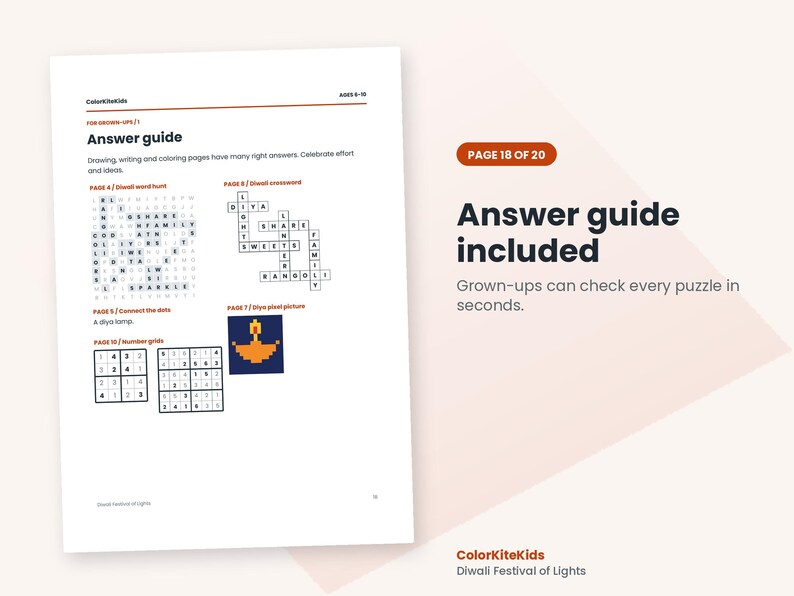 May include: A white page titled Answer guide from ColorKiteKids featuring solutions for Diwali puzzles including a word hunt, crossword, connect the dots, pixel art of a diya lamp, and number grids. The text reads Page 18 of 20.
