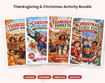 Peut inclure: Un ensemble d'activités pour Thanksgiving et Noël comprenant quatre livres de coloriage et d'activités intitulés Thanksgiving Harvest Adventure, Christmas Snow Day Adventure, Thanksgiving Family Fun et Christmas Family Fun, chacun avec 20 pages imprimables.