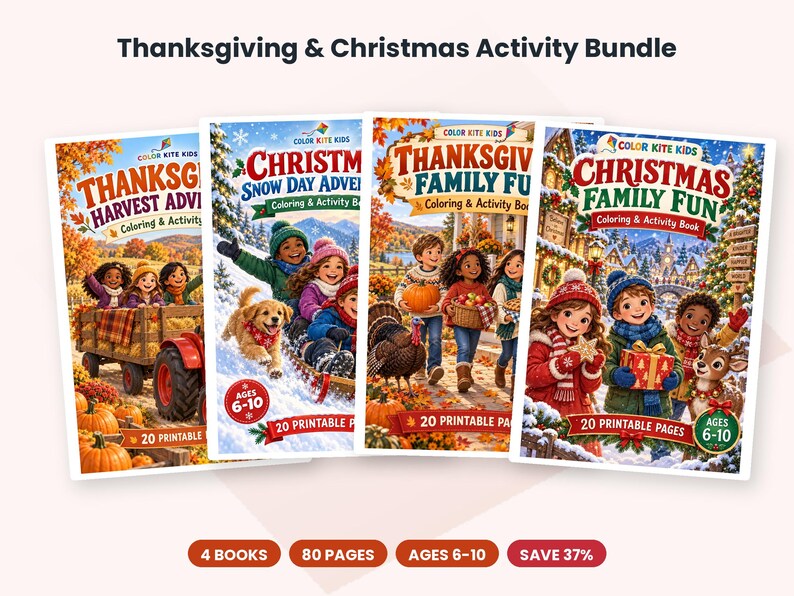 May include: A Thanksgiving and Christmas activity bundle featuring four coloring and activity books titled Thanksgiving Harvest Adventure, Christmas Snow Day Adventure, Thanksgiving Family Fun, and Christmas Family Fun, each with 20 printable pages.