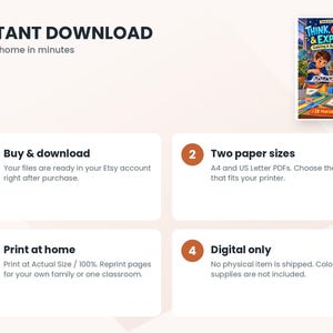 May include: A digital coloring and activity book titled Think, Create & Explore featuring an illustration of two children building a bridge. The document includes instructions for instant download, printing in A4 or US Letter sizes, and notes that this is a digital-only product with 28 printable pages.