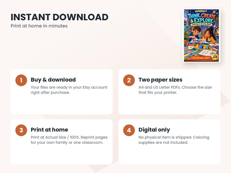 May include: A digital coloring and activity book titled Think, Create & Explore featuring an illustration of two children building a bridge. The document includes instructions for instant download, printing in A4 or US Letter sizes, and notes that this is a digital-only product with 28 printable pages.