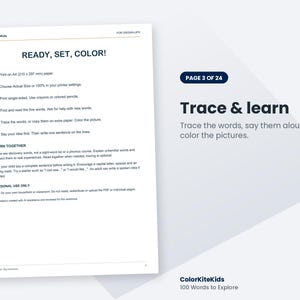 May include: A white instructional page titled READY, SET, COLOR! with black text providing six steps for printing and using the worksheet. The page includes sections for LEARN TOGETHER and PERSONAL USE ONLY, with the ColorKiteKids logo at the top.
