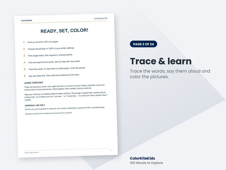 May include: A white instructional page titled READY, SET, COLOR! with black text providing six steps for printing and using the worksheet. The page includes sections for LEARN TOGETHER and PERSONAL USE ONLY, with the ColorKiteKids logo at the top.