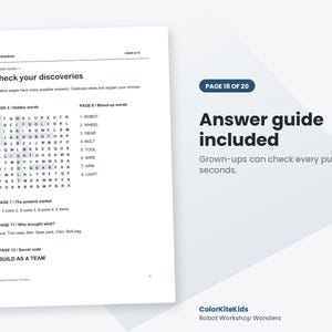 May include: A white printed answer guide page titled Check your discoveries with a word search puzzle, a list of mixed-up words, and solutions for pages 4, 7, 8, 11, and 12. The text includes Page 18 of 20 and Answer guide included.