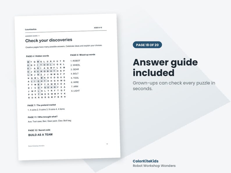 May include: A white printed answer guide page titled Check your discoveries with a word search puzzle, a list of mixed-up words, and solutions for pages 4, 7, 8, 11, and 12. The text includes Page 18 of 20 and Answer guide included.