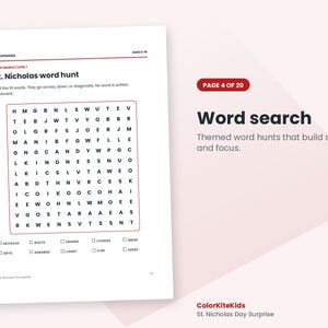 May include: A white activity sheet titled St. Nicholas word hunt with a grid of black letters and a list of ten words to find including Nicholas, Boots, Orange, Cookies, Snowy, Gifts, Kindness, Candy, Star, and Shoes for ages 6-10.