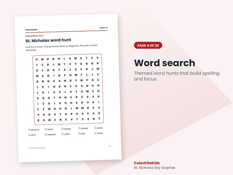 May include: A white activity sheet titled St. Nicholas word hunt with a grid of black letters and a list of ten words to find including Nicholas, Boots, Orange, Cookies, Snowy, Gifts, Kindness, Candy, Star, and Shoes for ages 6-10.
