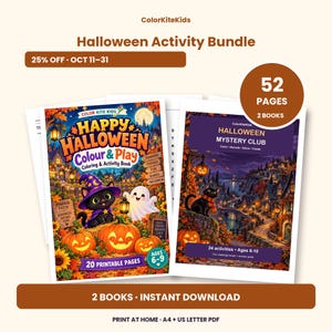 May include: A Halloween activity bundle featuring two books with 52 pages total. The first book, Happy Halloween Colour & Play, shows a black cat in a purple hat and a ghost. The second book, Halloween Mystery Club, features a black cat.