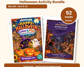 May include: A Halloween activity bundle featuring two books with 52 pages total. The first book, Happy Halloween Colour & Play, shows a black cat in a purple hat and a ghost. The second book, Halloween Mystery Club, features a black cat.