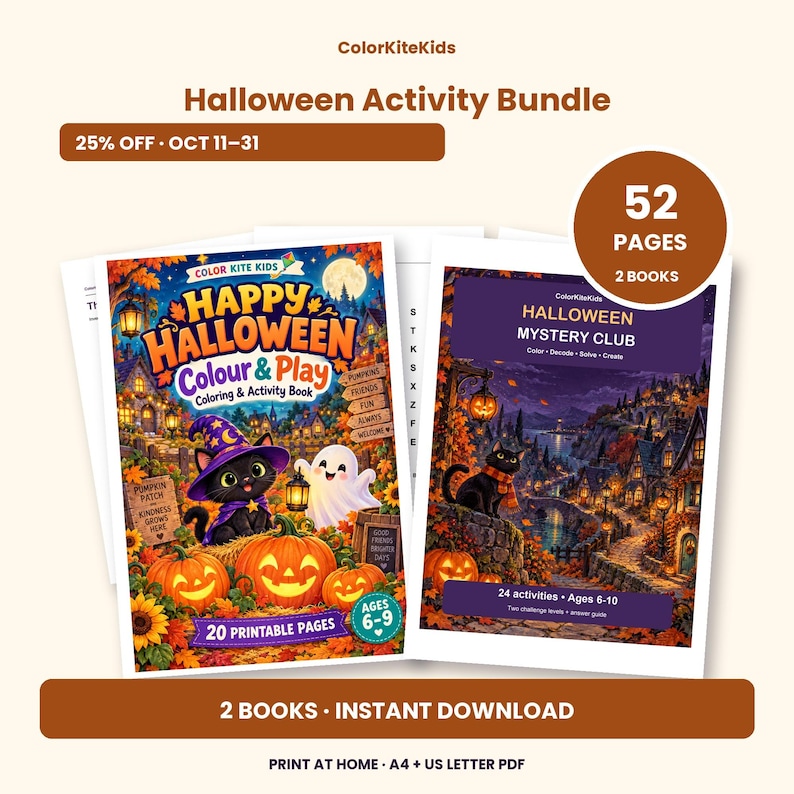 May include: A Halloween activity bundle featuring two books with 52 pages total. The first book, Happy Halloween Colour & Play, shows a black cat in a purple hat and a ghost. The second book, Halloween Mystery Club, features a black cat.