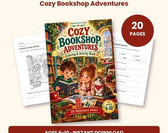 Peut inclure: Un livre de coloriage et d'activités de 20 pages intitulé Cozy Bookshop Adventures pour les 6-10 ans. La couverture montre deux enfants lisant dans une bibliothèque avec un chat. Inclut des pages imprimables en format A4 et PDF.