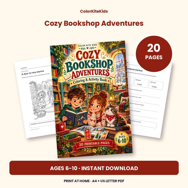 May include: A 20-page coloring and activity book titled Cozy Bookshop Adventures for ages 6-10. The cover features two children reading in a library with a cat, surrounded by books. Includes printable pages in A4 and US Letter PDF formats.