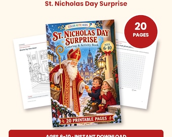 Peut inclure: Un livre de coloriage et d'activités de 20 pages intitulé St. Nicholas Day Surprise pour les 6-10 ans. La couverture montre Saint-Nicolas offrant des oranges à deux enfants dans un décor enneigé. Formats A4 et US Letter PDF.