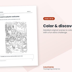 May include: A black and white coloring page titled A warm autumn welcome featuring two children walking near a house with a basket of apples, pumpkins, and a turkey. The page includes the text Color & discover and Page 3 of 20.