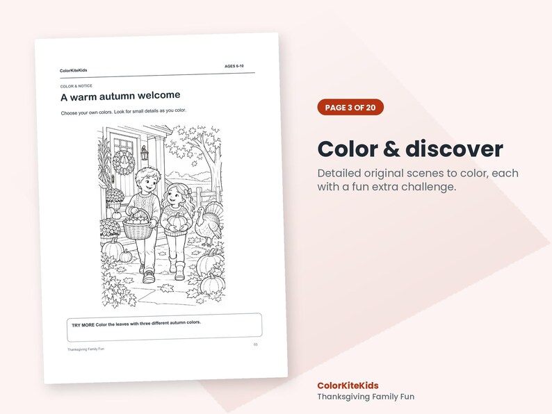 May include: A black and white coloring page titled A warm autumn welcome featuring two children walking near a house with a basket of apples, pumpkins, and a turkey. The page includes the text Color & discover and Page 3 of 20.