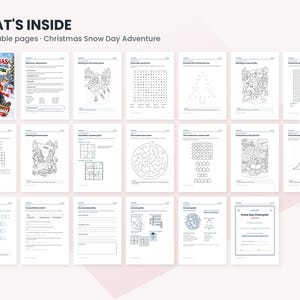 May include: A digital collection titled WHAT'S INSIDE 20 printable pages Christmas Snow Day Adventure, featuring a cover image and nineteen activity sheets including word searches, mazes, colouring pages, and puzzles with black text on white.