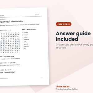 May include: A white printed answer guide page titled Check your discoveries with text including Page 4 Hidden words, Page 8 Mixed-up words, Page 7 The holiday market, Page 11 Who brought what, and Page 12 Secret code GIVE THANKS TODAY.