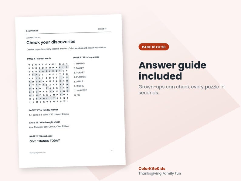 May include: A white printed answer guide page titled Check your discoveries with text including Page 4 Hidden words, Page 8 Mixed-up words, Page 7 The holiday market, Page 11 Who brought what, and Page 12 Secret code GIVE THANKS TODAY.