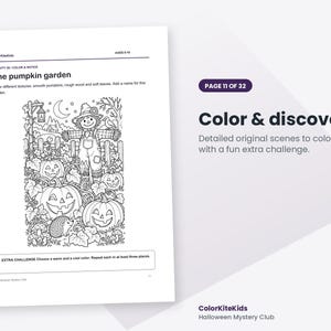 May include: A black and white coloring page titled The pumpkin garden featuring a scarecrow, jack-o'-lanterns, a hedgehog, and a moonlit landscape. The page includes text instructions for coloring textures and an extra challenge box at the bottom.
