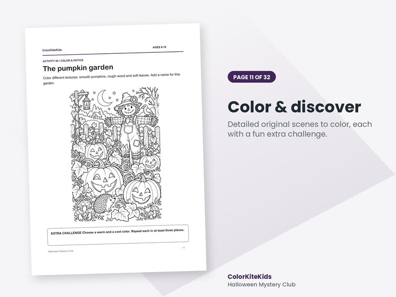 May include: A black and white coloring page titled The pumpkin garden featuring a scarecrow, jack-o'-lanterns, a hedgehog, and a moonlit landscape. The page includes text instructions for coloring textures and an extra challenge box at the bottom.