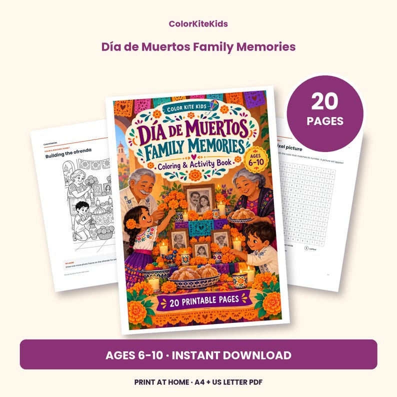 May include: A 20-page printable coloring and activity book titled D&iacute;a de Muertos Family Memories for ages 6-10. The cover features an illustration of a family decorating an ofrenda with marigolds, candles, and framed photos.