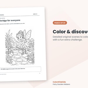May include: A black and white coloring page titled A bridge for everyone featuring a fairy placing a plank on a wooden bridge over a stream with rocks, flowers, and cattails. The page includes text prompts and the brand name ColorKiteKids.