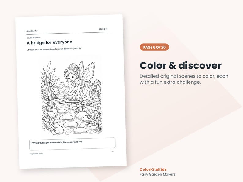 May include: A black and white coloring page titled A bridge for everyone featuring a fairy placing a plank on a wooden bridge over a stream with rocks, flowers, and cattails. The page includes text prompts and the brand name ColorKiteKids.