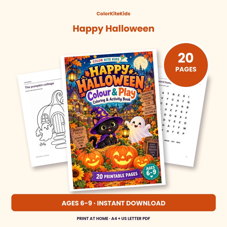 May include: A Happy Halloween Colour & Play coloring and activity book with 20 printable pages for ages 6-9. The cover features a black cat in a purple witch hat, a ghost, and jack-o'-lanterns. Includes interior pages with a pumpkin cottage.