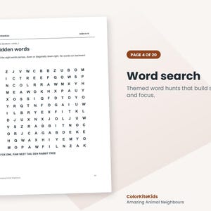 May include: A white paper activity sheet titled Hidden words with a grid of black letters for a word search puzzle. The text includes ColorKiteKids, AGES 8-10, and a list of words to find: FOX, OWL, PAW, NEST, TAIL, DEN, RABBIT, TREE.