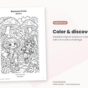 Op de afbeelding: Een zwart-wit kleurplaat getiteld Mushroom Forest met twee kinderen in anime-stijl, een klein wezen en een konijn in een bos. De pagina bevat de tekst Mushroom Forest, Explore a friendly forest en Color & discover.