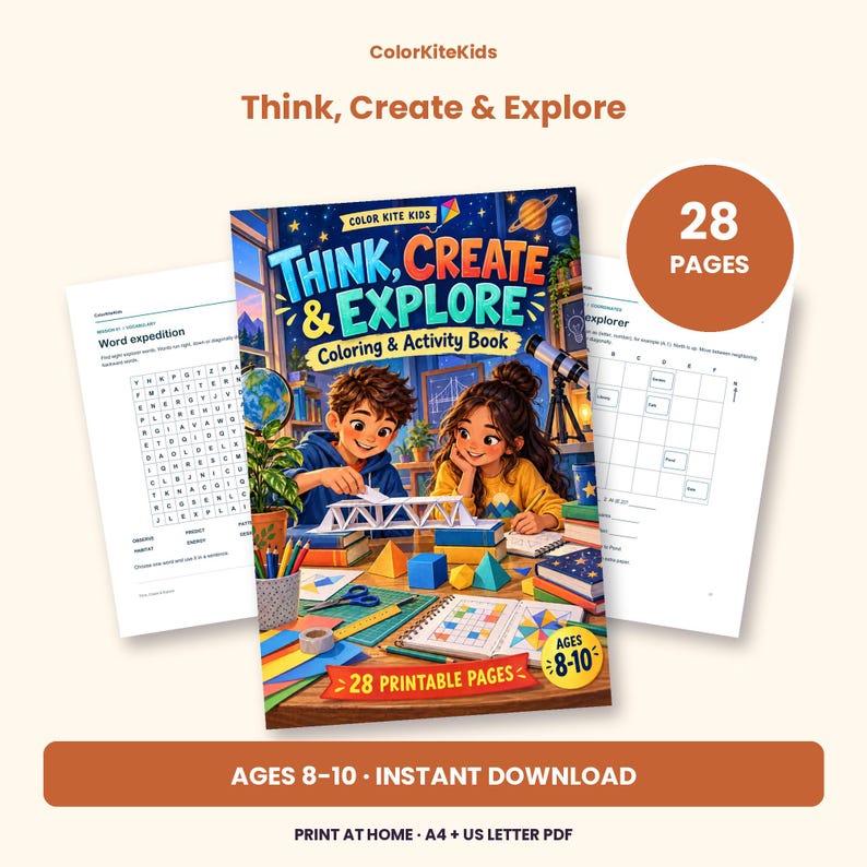 May include: A 28-page printable coloring and activity book titled Think, Create & Explore for ages 8-10. The cover features two children building a paper bridge, surrounded by art supplies, a globe, and a telescope. Includes word puzzles.