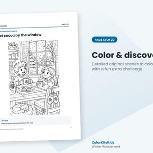 May include: A black and white coloring page titled Hot cocoa by the window featuring two children sitting at a table with mugs and a plate of cookies, a cat sleeping on the floor, and a snowy window view with the text Color & discover.