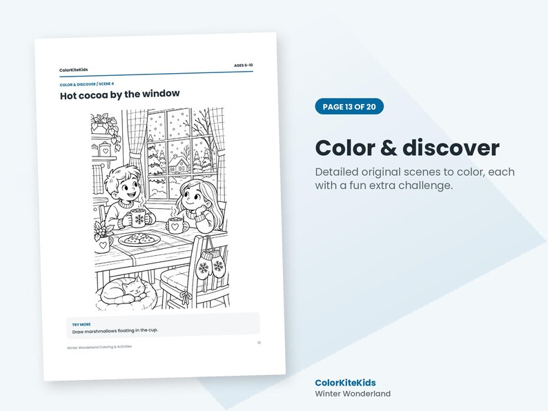 May include: A black and white coloring page titled Hot cocoa by the window featuring two children sitting at a table with mugs and a plate of cookies, a cat sleeping on the floor, and a snowy window view with the text Color & discover.
