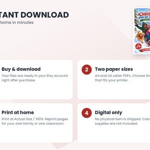 May include: A digital colouring and activity book titled Christmas Snow Day Adventure featuring children on a sled with a dog. The graphic includes instructions for instant download, printing at home, A4 and US Letter paper sizes, and digital delivery.