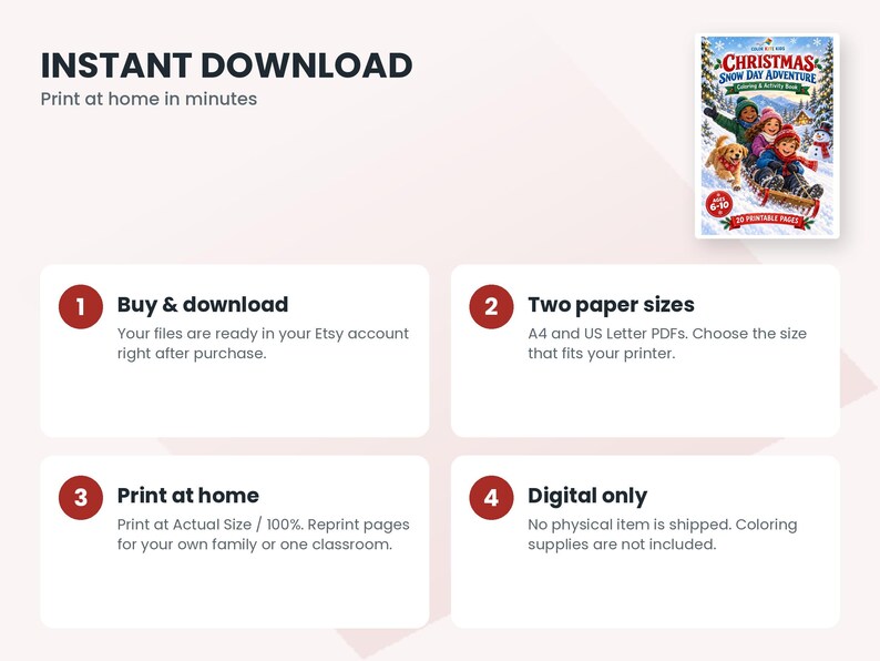 May include: A digital colouring and activity book titled Christmas Snow Day Adventure featuring children on a sled with a dog. The graphic includes instructions for instant download, printing at home, A4 and US Letter paper sizes, and digital delivery.