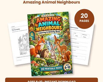 Peut inclure: Un livre de coloriage et d'activités intitulé Amazing Animal Neighbours illustrant une scène de forêt avec un renard, un cerf, un hérisson et un écureuil. La couverture affiche ColorKiteKids, 20 pages imprimables et âges 6-10.