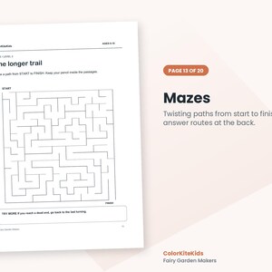 May include: A white activity page titled The longer trail with a black line maze, instructions to draw a path from START to FINISH, and a tip to go back to the last turning. The page includes the text ColorKiteKids, AGES 8-10, and MAZE LEVEL 3.