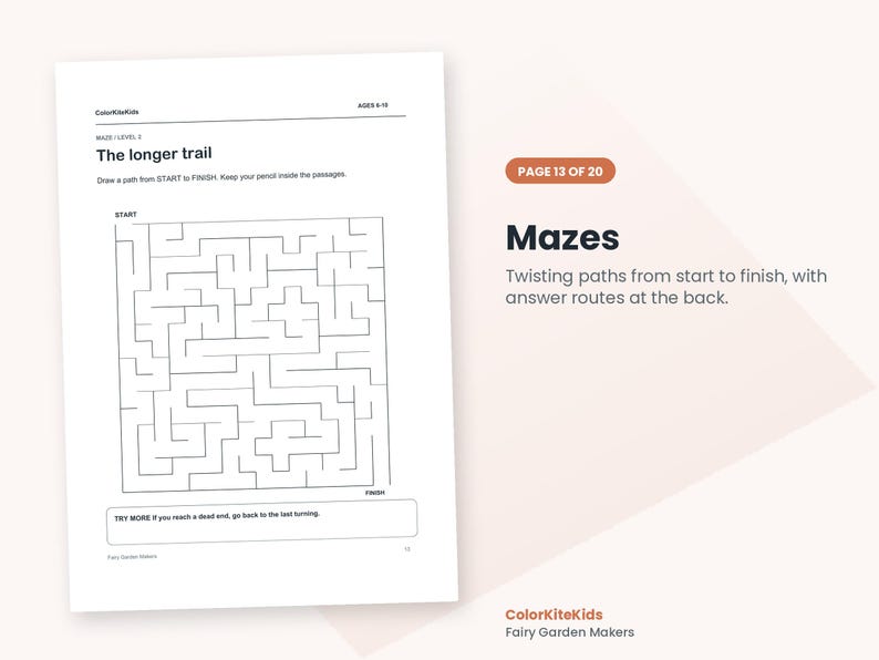 May include: A white activity page titled The longer trail with a black line maze, instructions to draw a path from START to FINISH, and a tip to go back to the last turning. The page includes the text ColorKiteKids, AGES 8-10, and MAZE LEVEL 3.