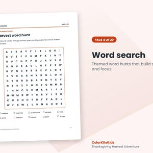 May include: A white activity sheet titled Harvest word hunt with a grid of letters for a word search puzzle. Below the grid are ten checkboxes with words including pumpkin, tractor, scarecrow, hayride, field, apple, harvest, parade, barn, and acorn.