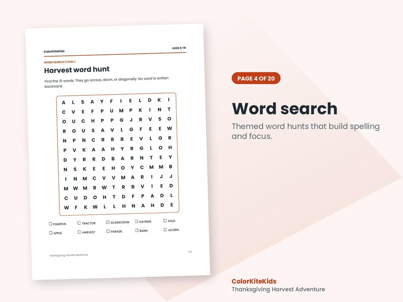 May include: A white activity sheet titled Harvest word hunt with a grid of letters for a word search puzzle. Below the grid are ten checkboxes with words including pumpkin, tractor, scarecrow, hayride, field, apple, harvest, parade, barn, and acorn.