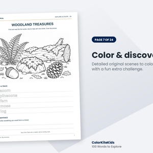 May include: A black and white colouring page titled WOODLAND TREASURES featuring a fern, a mossy rock, a log, and a pinecone. Below the illustration are the words acorn, pinecone, fern, moss, and log with lines for tracing and writing.