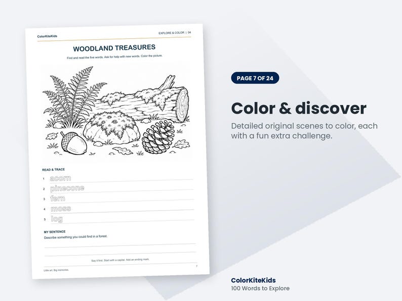 May include: A black and white colouring page titled WOODLAND TREASURES featuring a fern, a mossy rock, a log, and a pinecone. Below the illustration are the words acorn, pinecone, fern, moss, and log with lines for tracing and writing.