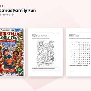 May include: A digital coloring and activity book titled Christmas Family Fun, featuring 20 printable pages for ages 6-10. The cover shows three children and a reindeer in a snowy village, while interior pages include a gingerbread cookie scene and a word search.