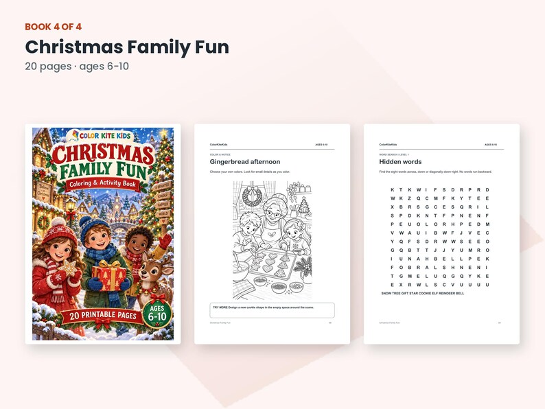 May include: A digital coloring and activity book titled Christmas Family Fun, featuring 20 printable pages for ages 6-10. The cover shows three children and a reindeer in a snowy village, while interior pages include a gingerbread cookie scene and a word search.